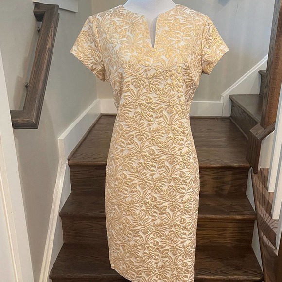 J McLaughlin Ariana Champagne Metallic Palm Leaf Dress Gold SZ 6 - Picture 3 of 12
